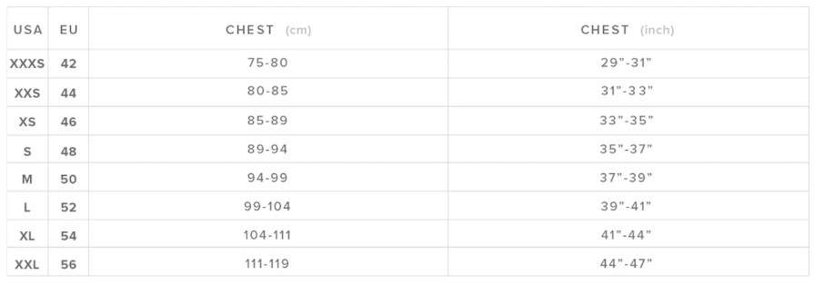 Mystic Impact Vest Size Chart